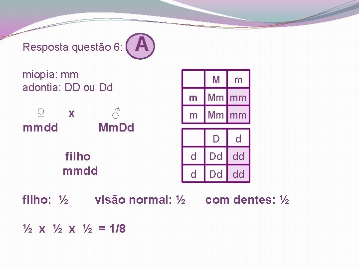 Resposta questão 6: A miopia: mm adontia: DD ou Dd ♀ x mmdd ♂