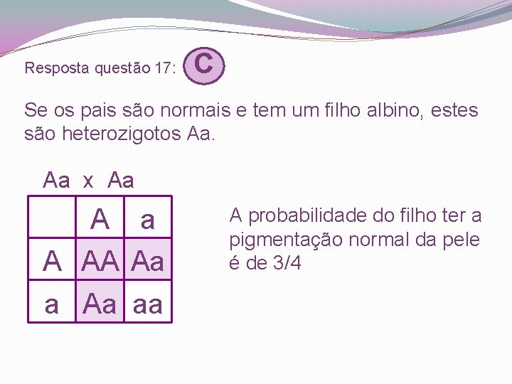 Resposta questão 17: C Se os pais são normais e tem um filho albino,