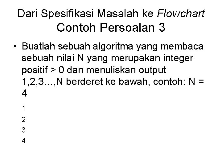 Dari Spesifikasi Masalah ke Flowchart Contoh Persoalan 3 • Buatlah sebuah algoritma yang membaca