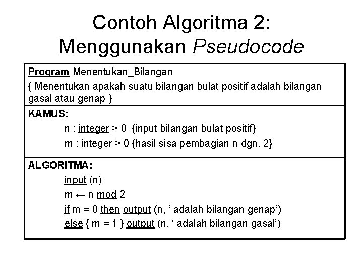 Contoh Algoritma 2: Menggunakan Pseudocode Program Menentukan_Bilangan { Menentukan apakah suatu bilangan bulat positif