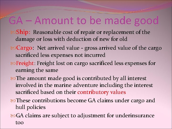 GA – Amount to be made good Ship: Reasonable cost of repair or replacement