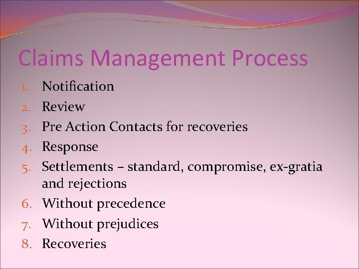 Claims Management Process Notification Review Pre Action Contacts for recoveries Response Settlements – standard,