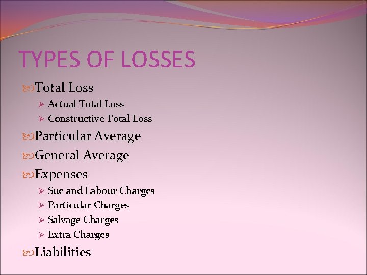 TYPES OF LOSSES Total Loss Ø Actual Total Loss Ø Constructive Total Loss Particular