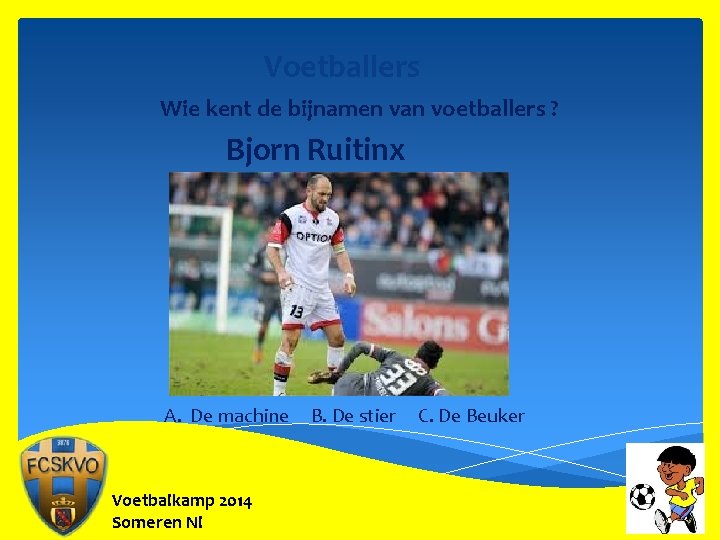 Voetballers Wie kent de bijnamen van voetballers ? Bjorn Ruitinx A. De machine Voetbalkamp