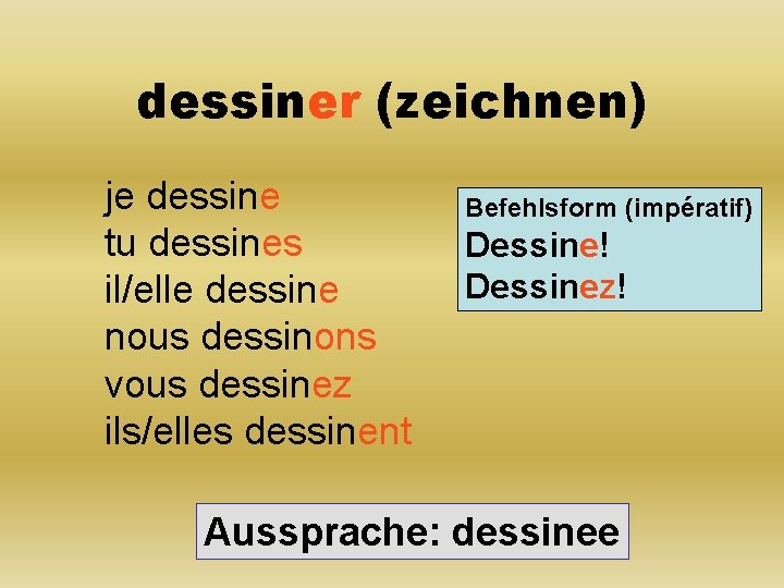 dessiner (zeichnen) je dessine tu dessines il/elle dessine nous dessinons vous dessinez ils/elles dessinent