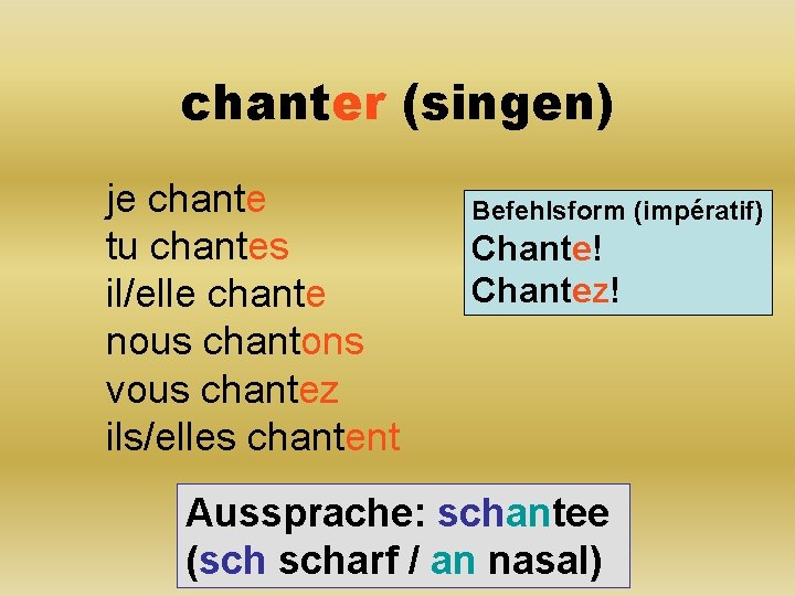 chanter (singen) je chante tu chantes il/elle chante nous chantons vous chantez ils/elles chantent