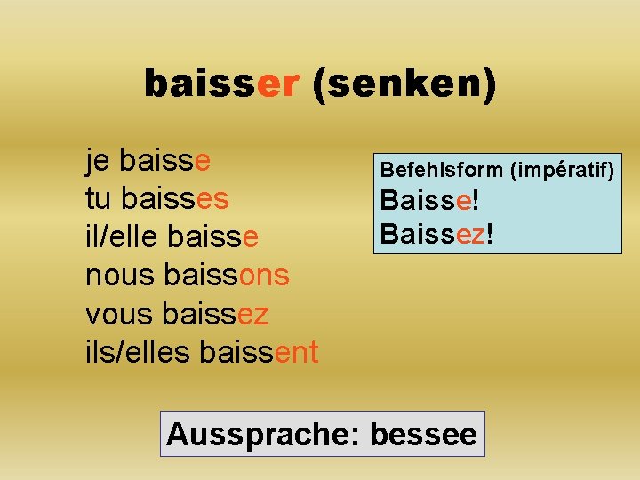 baisser (senken) je baisse tu baisses il/elle baisse nous baissons vous baissez ils/elles baissent