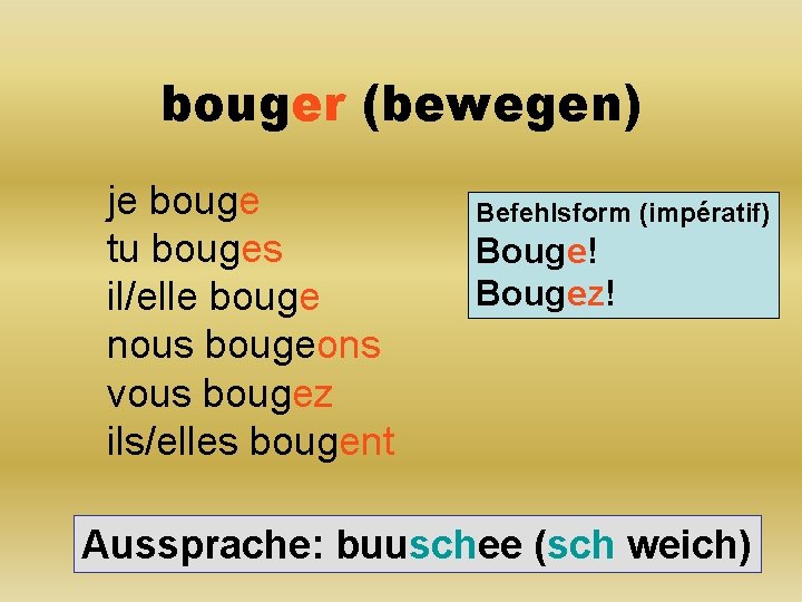 bouger (bewegen) je bouge tu bouges il/elle bouge nous bougeons vous bougez ils/elles bougent