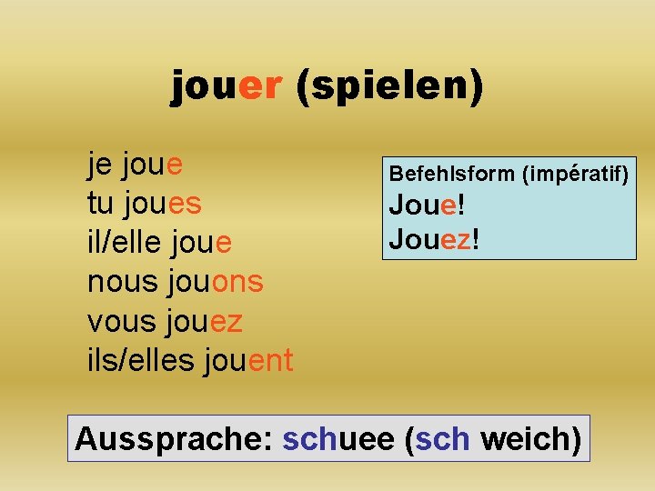 jouer (spielen) je joue tu joues il/elle joue nous jouons vous jouez ils/elles jouent