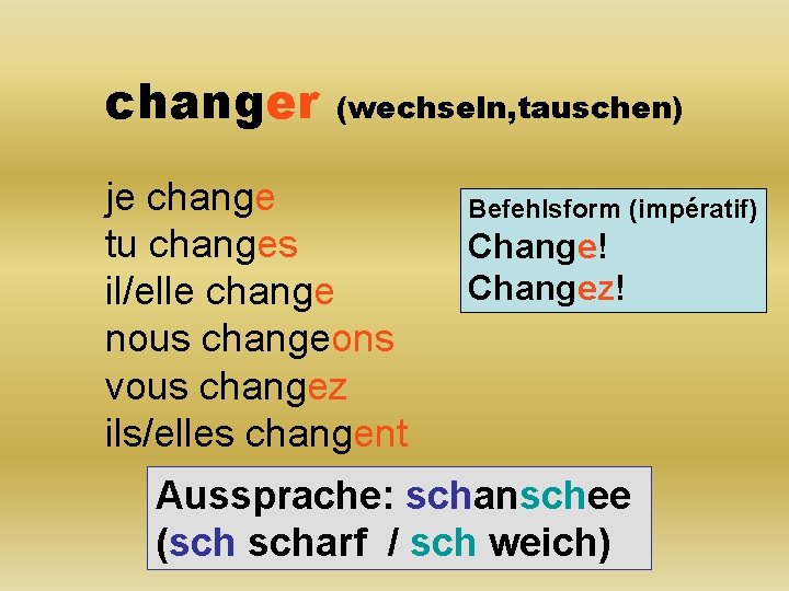 changer (wechseln, tauschen) je change tu changes il/elle change nous changeons vous changez ils/elles