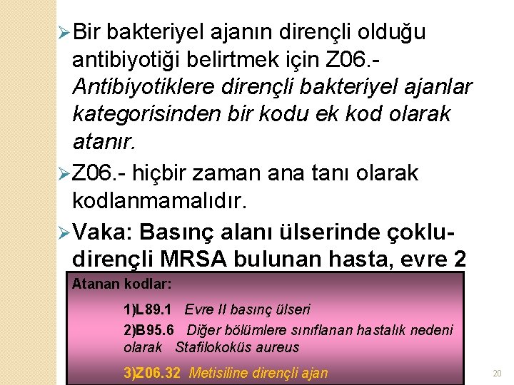 Ø Bir bakteriyel ajanın dirençli olduğu antibiyotiği belirtmek için Z 06. Antibiyotiklere dirençli bakteriyel