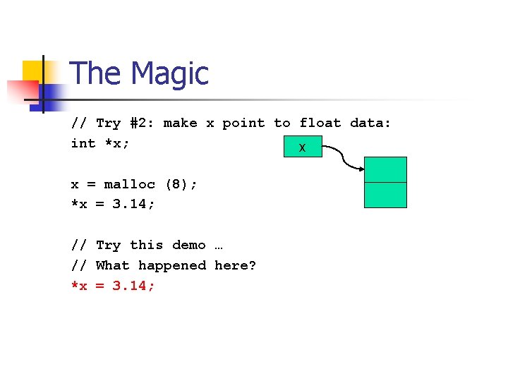 The Magic // Try #2: make x point to float data: int *x; x