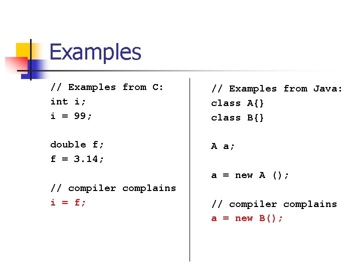 Examples // Examples from C: int i; i = 99; // Examples from Java: