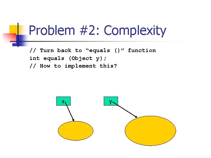 Problem #2: Complexity // Turn back to “equals ()” function int equals (Object y);