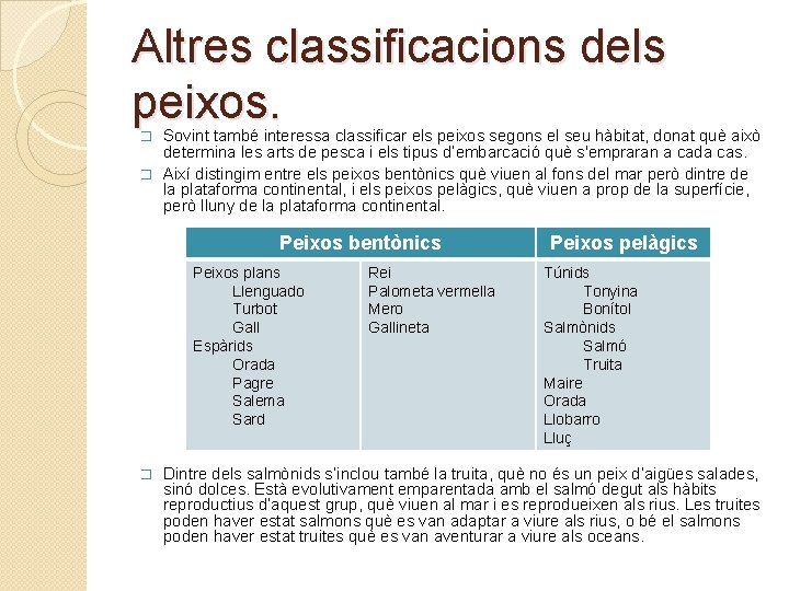 Altres classificacions dels peixos. Sovint també interessa classificar els peixos segons el seu hàbitat, Altres classificacions dels peixos. Sovint també interessa classificar els peixos segons el seu hàbitat,