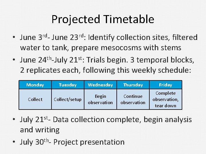 Projected Timetable • June 3 rd- June 23 rd: Identify collection sites, filtered water
