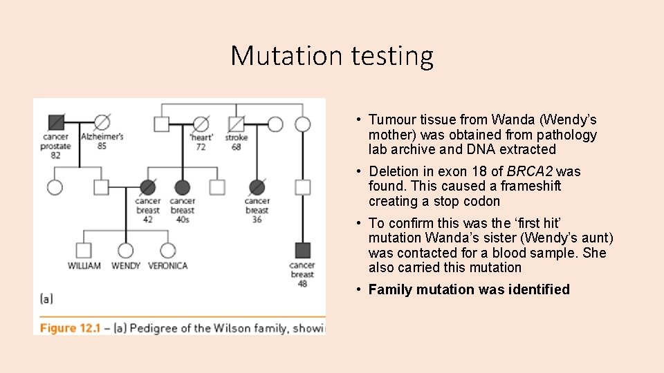 Mutation testing • Tumour tissue from Wanda (Wendy’s mother) was obtained from pathology lab