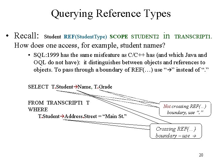 Querying Reference Types • Recall: Student REF(Student. Type) SCOPE STUDENT 2 in TRANSCRIPT 1.