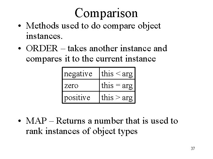 Comparison • Methods used to do compare object instances. • ORDER – takes another