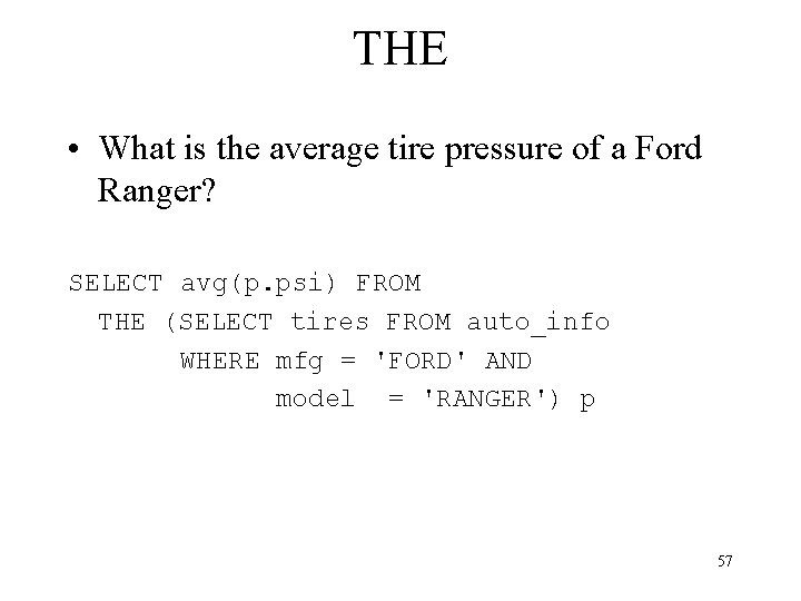 THE • What is the average tire pressure of a Ford Ranger? SELECT avg(p.