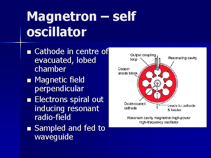 Magnetron – self oscillator n n Cathode in centre of evacuated, lobed chamber Magnetic