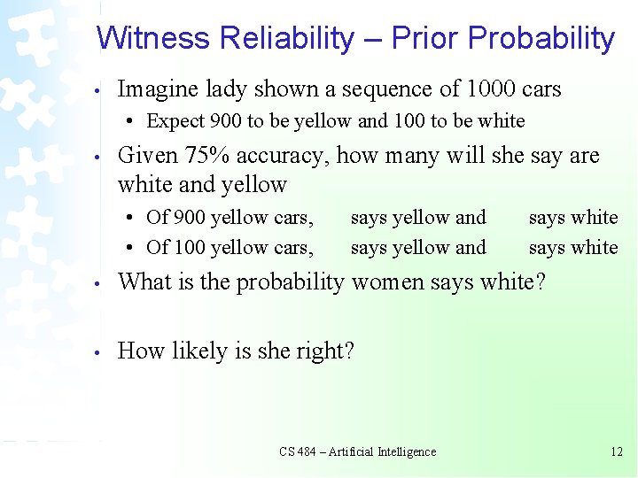 Witness Reliability – Prior Probability • Imagine lady shown a sequence of 1000 cars