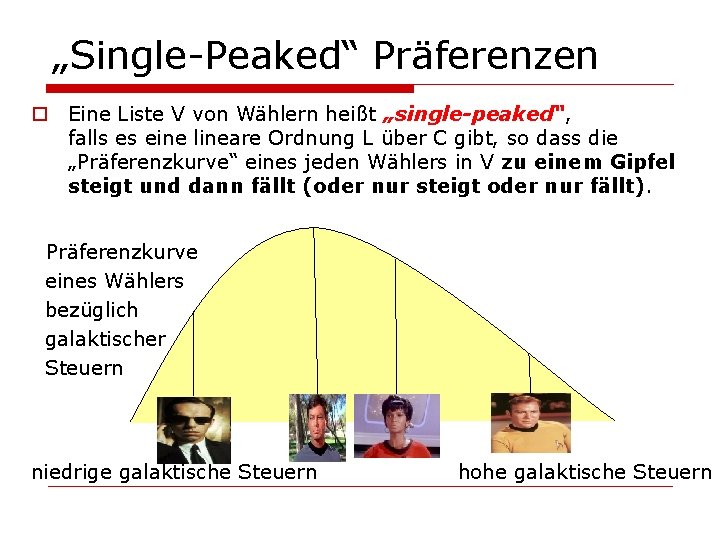 „Single-Peaked“ Präferenzen o Eine Liste V von Wählern heißt „single-peaked“, falls es eine lineare