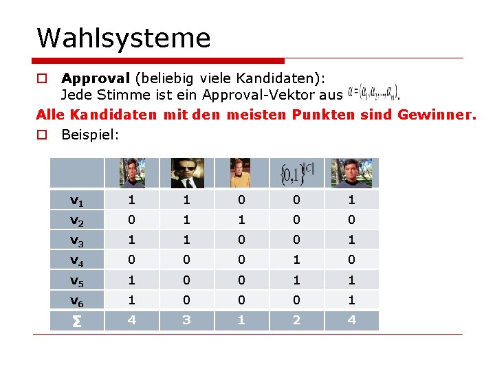 Wahlsysteme o Approval (beliebig viele Kandidaten): Jede Stimme ist ein Approval-Vektor aus. Alle Kandidaten