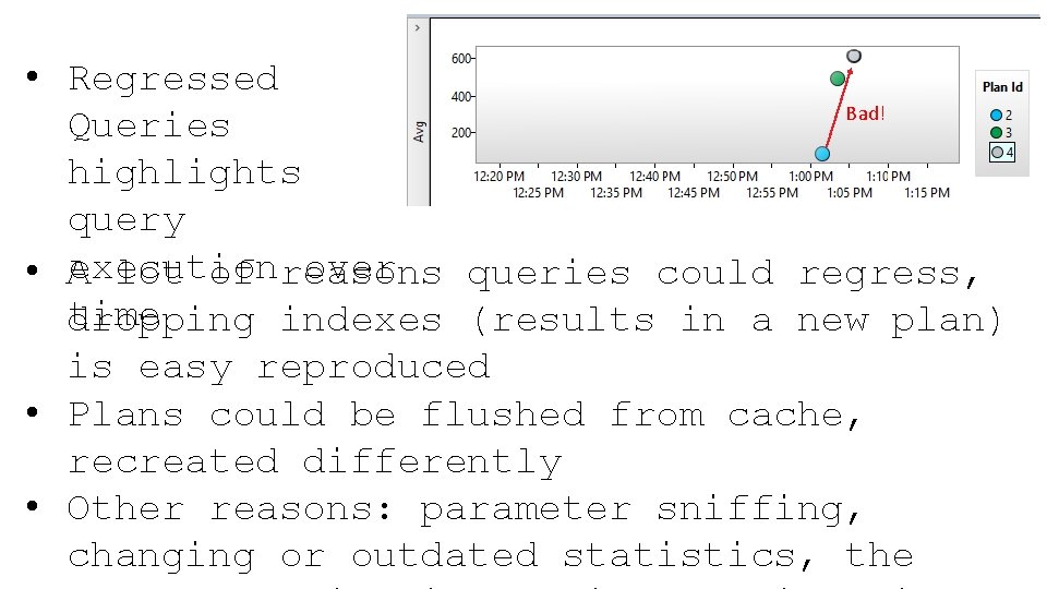 QUERY STORE • Regressed Bad! Queries highlights query execution over • A lot of