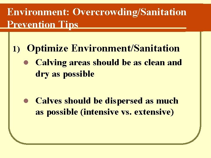 Environment: Overcrowding/Sanitation Prevention Tips 1) Optimize Environment/Sanitation l Calving areas should be as clean