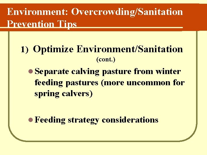 Environment: Overcrowding/Sanitation Prevention Tips 1) Optimize Environment/Sanitation (cont. ) l Separate calving pasture from