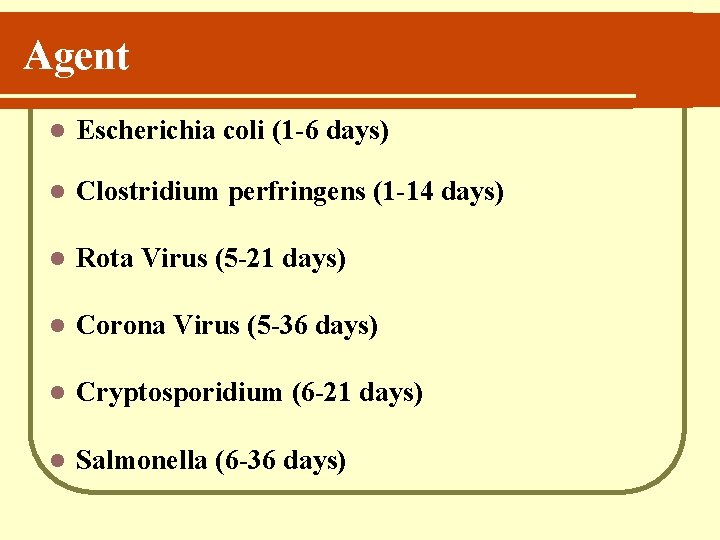 Agent l Escherichia coli (1 -6 days) l Clostridium perfringens (1 -14 days) l