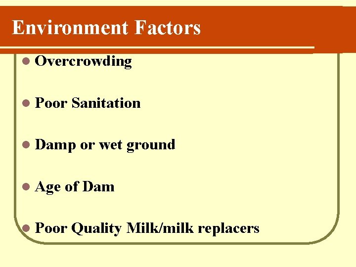 Environment Factors l Overcrowding l Poor Sanitation l Damp l Age or wet ground