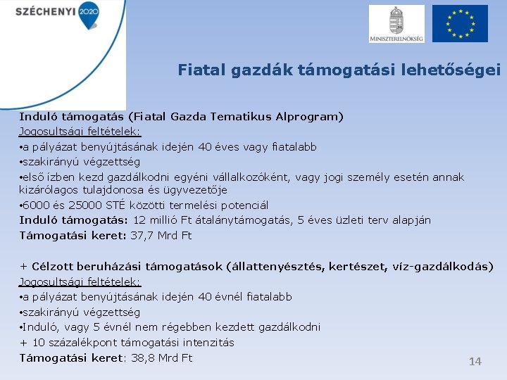 Fiatal gazdák támogatási lehetőségei Induló támogatás (Fiatal Gazda Tematikus Alprogram) Jogosultsági feltételek: • a