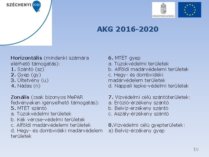 AKG 2016 -2020 Horizontális (mindenki számára elérhető támogatás): 1. Szántó (sz) 2. Gyep (gy)