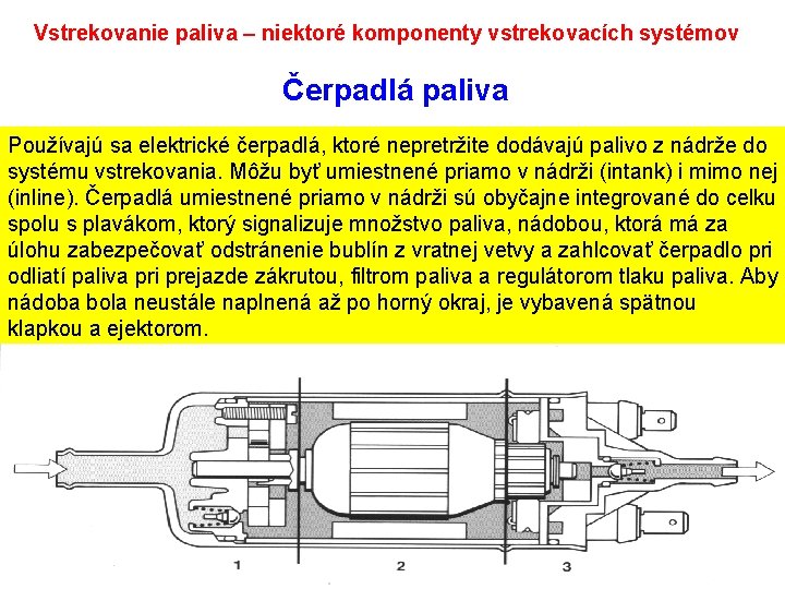 Vstrekovanie paliva – niektoré komponenty vstrekovacích systémov Čerpadlá paliva Používajú sa elektrické čerpadlá, ktoré