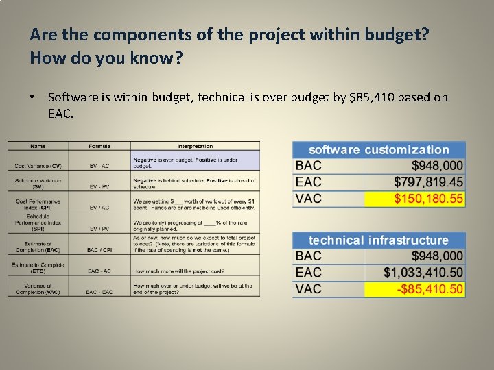 Are the components of the project within budget? How do you know? • Software