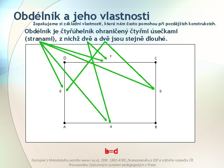 Obdélník a jeho vlastnosti Zopakujeme si základní vlastnosti, které nám často pomohou při pozdějších