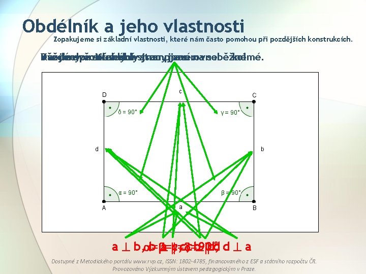 Obdélník a jeho vlastnosti Zopakujeme si základní vlastnosti, které nám často pomohou při pozdějších