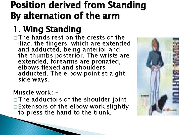 Position derived from Standing By alternation of the arm 1. Wing Standing � The