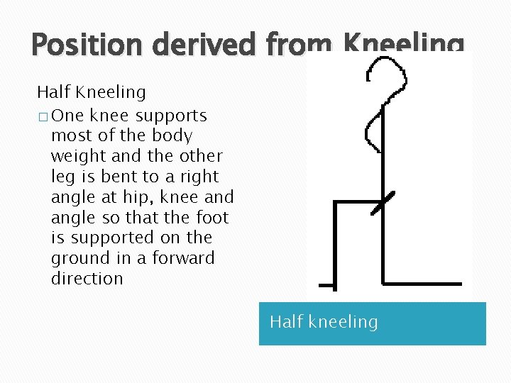 Position derived from Kneeling Half Kneeling � One knee supports most of the body