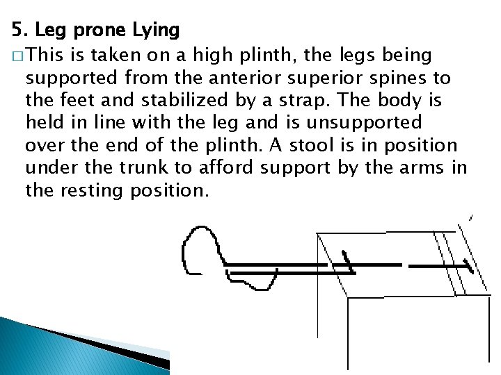 5. Leg prone Lying � This is taken on a high plinth, the legs