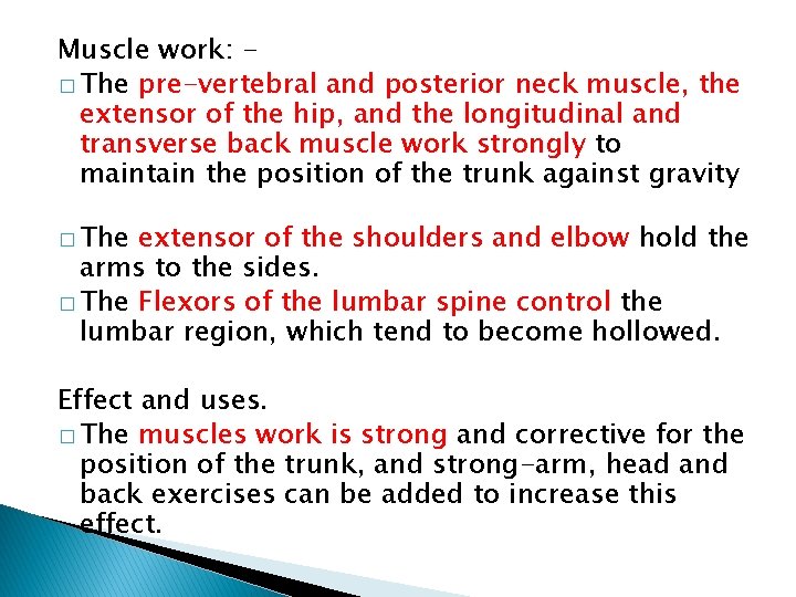 Muscle work: � The pre-vertebral and posterior neck muscle, the extensor of the hip,