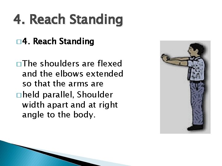 4. Reach Standing � 4. Reach Standing � The shoulders are flexed and the