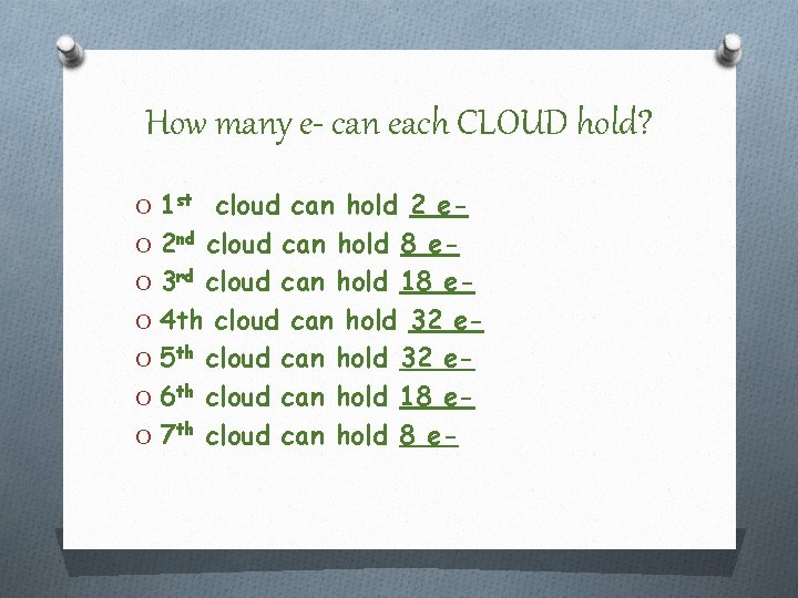 How many e- can each CLOUD hold? O 1 st cloud can hold 2 How many e- can each CLOUD hold? O 1 st cloud can hold 2