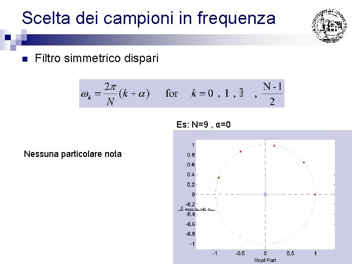 Scelta dei campioni in frequenza n Filtro simmetrico dispari Es: N=9 , α=0 Nessuna