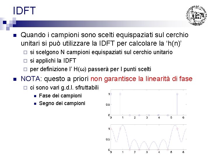 IDFT n Quando i campioni sono scelti equispaziati sul cerchio unitari si può utilizzare