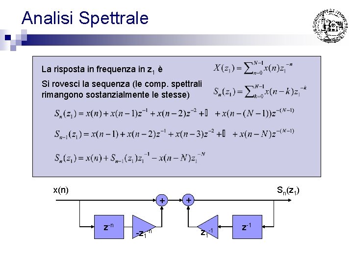 Analisi Spettrale La risposta in frequenza in z 1 è Si rovesci la sequenza