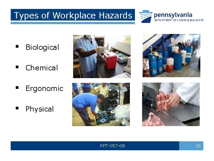 Types of Workplace Hazards § Biological § Chemical § Ergonomic § Physical PPT-057 -08