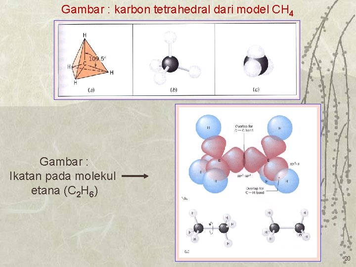 Gambar : karbon tetrahedral dari model CH 4 Gambar : Ikatan pada molekul etana